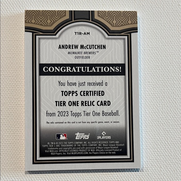 2023 Topps Tier One Relic Patch Andrew McCutchen 209/400 #TIR-AM - Picture 3 of 3